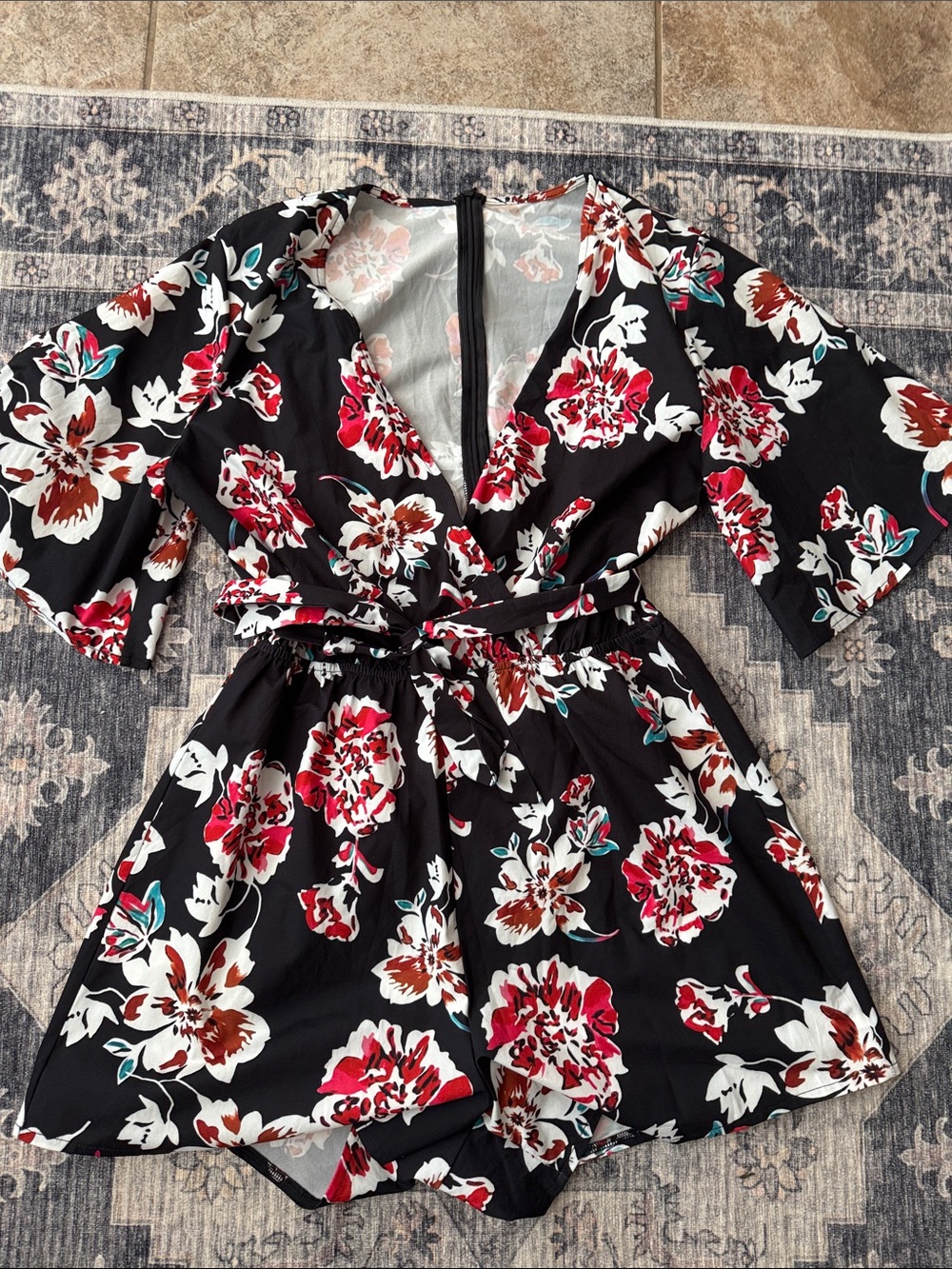 Black Floral V-Neck Romper with Tie Waist
